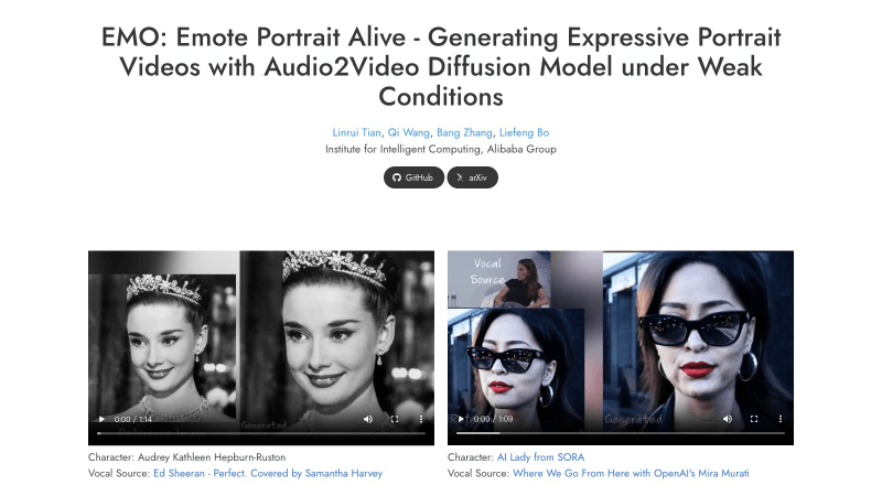 EMO（Emote Portrait Alive）是一个由阿里巴巴集团智能计算研究院的研究人员开发的框架，一个音频驱动的AI肖像视频生成系统，能够通过输入单一的参考图像和语音音频-小新